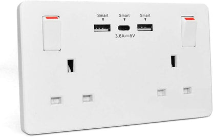 Wall Socket Double Switched with 2USB and 1 Type C Fast Charging,13 Amp 2 Gang White Electric Socket