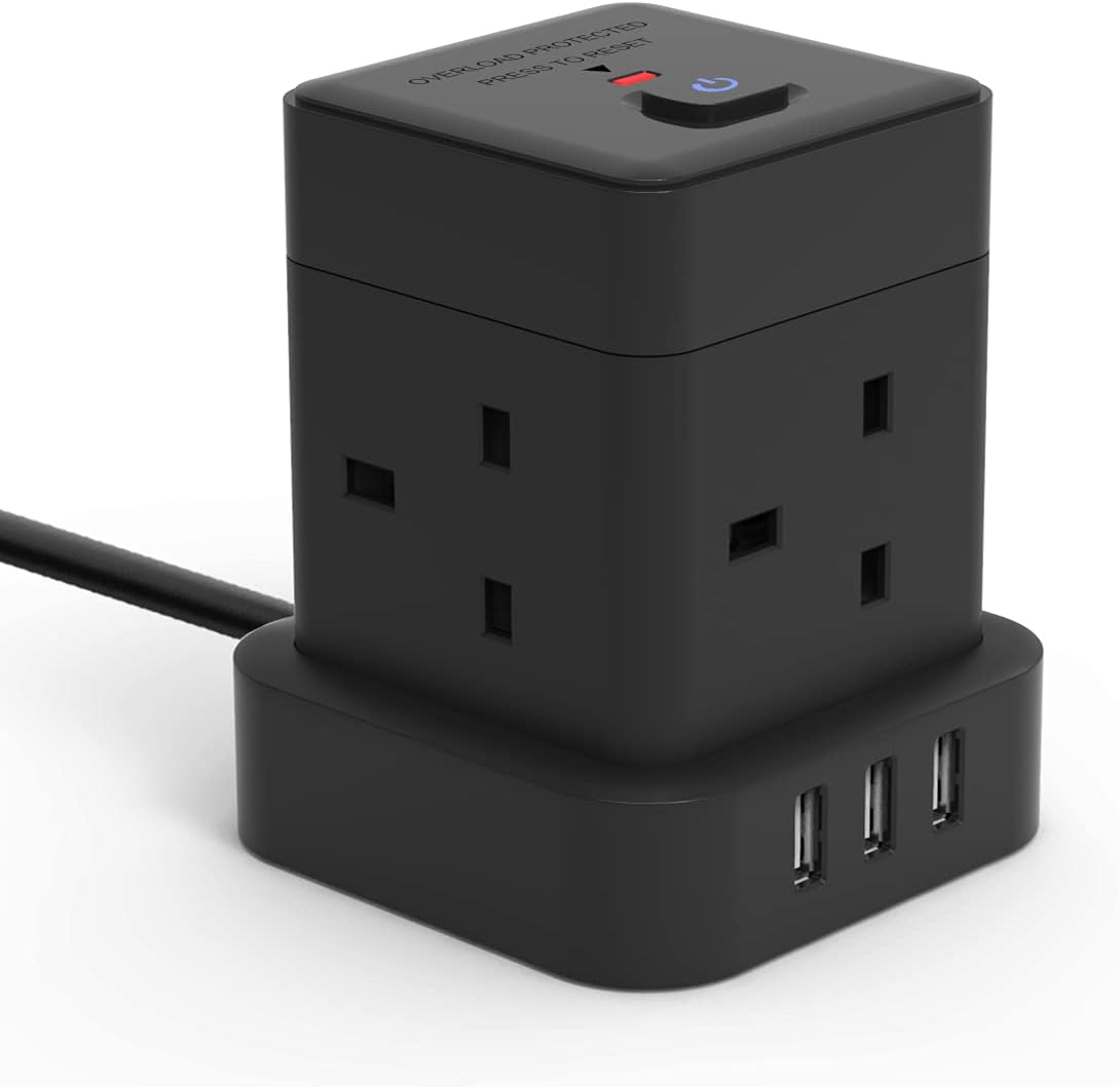 كابل تمديد 3M 4Gang Cube مزود بـ 3 فتحات USB-A، أسود، حماية من التحميل الزائد 