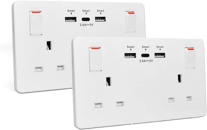 2Pack 2Gang Wall Socket Double Switched with 2 USB-A and 1 Type-C