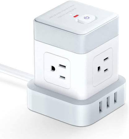 10FT 4Outlets Cube Power Strip with 3 USB-A Port, Flat Cable, Overload Protection