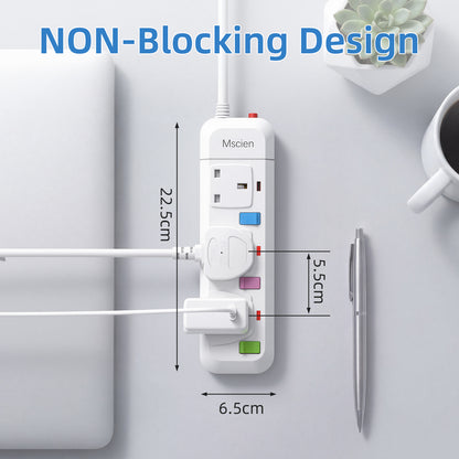Mscien Extension Lead 1M 3 Way,Fused 3 plug Extension Socket with Individual Switches Mountable Overload Protection Power Strips with 1 Metre Extension cable 2500W