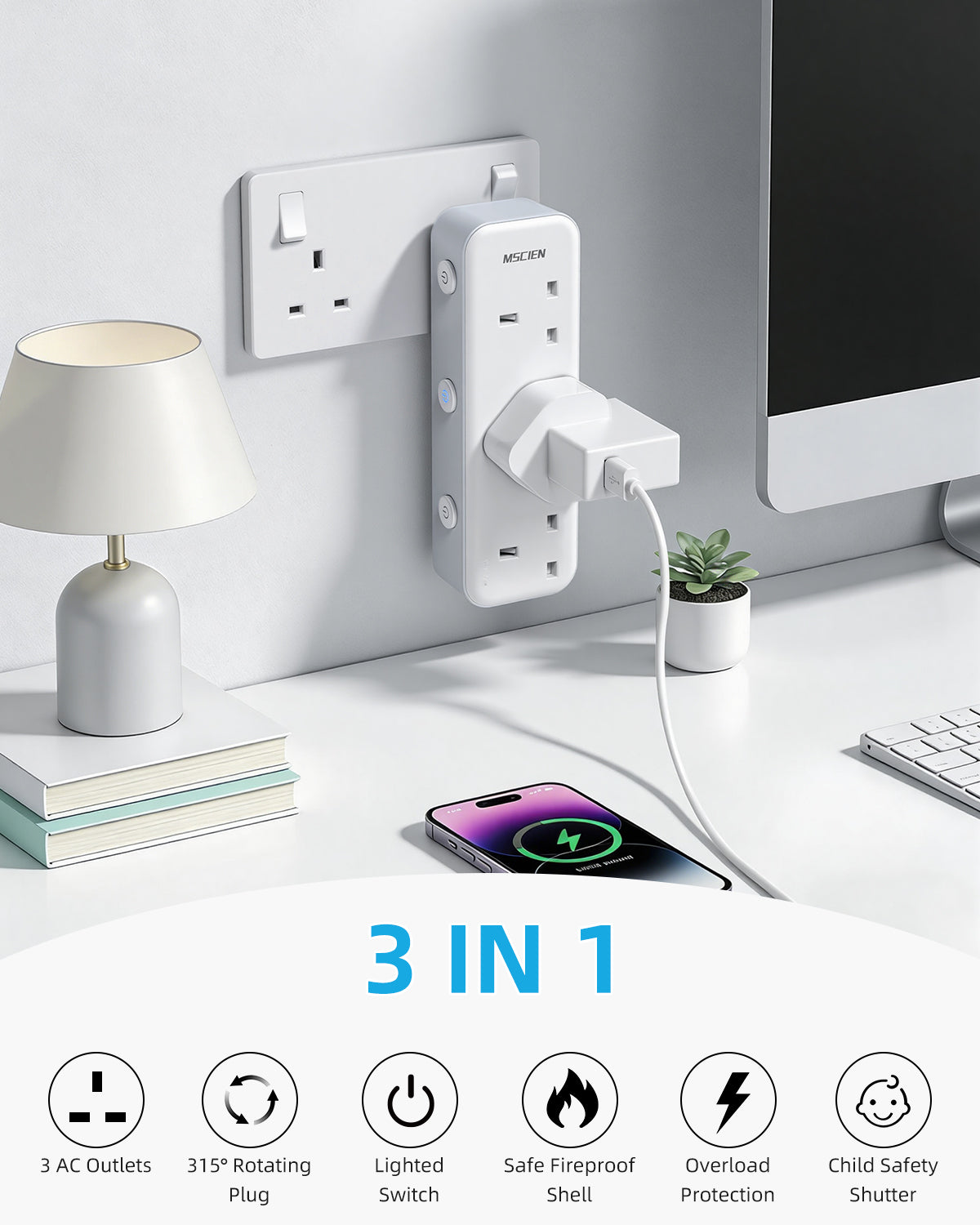 Mscien Multi Plug Extension Socket,3 Way Plug Adaptor With Independent Switches,Wall Socket Plug Extender with 315 Degree Rotation Plug,UK 13A Fuse Power Extender for Home, Kitchen, Office