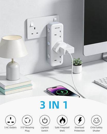 Mscien Multi Plug Extension Socket,3 Way Plug Adaptor With Independent Switches,Wall Socket Plug Extender with 315 Degree Rotation Plug,UK 13A Fuse Power Extender for Home, Kitchen, Office