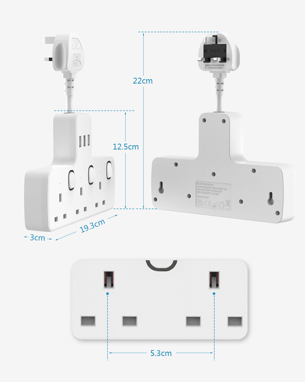Mscien Multi Plug Adaptor, Plug Socket Extension with USB Slots,3 Way Individually Switched Plug Adapter, Wall Socket Extension Plug Extender