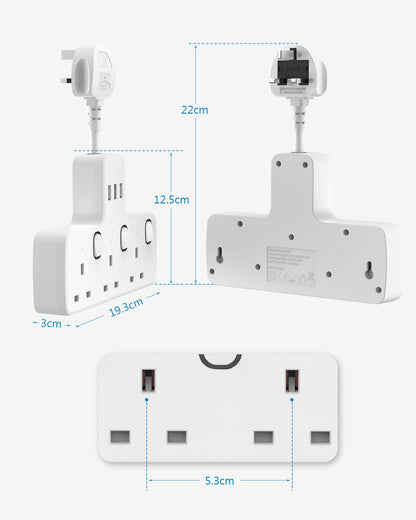 Mscien Multi Plug Adaptor, Plug Socket Extension with USB Slots,3 Way Individually Switched Plug Adapter, Wall Socket Extension Plug Extender