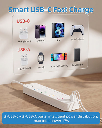 Mscien Extension Lead with USB Slots 1M, 4 Way Switched Extension Lead with Wall Mount, Overload Protection Power Strip, USB-C Slots, for Home, Office, 13A/3250W