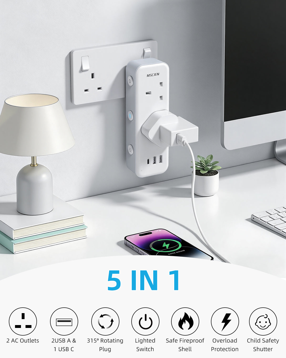Mscien Double Plug Adaptor with 3 USB,Plug Extension Socket with Independent Switches,UK 13A Fuse 2 Way Multi Plug Power Extender,315 Degree Rotating Design for Home, Office, Dorm