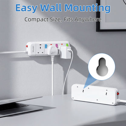 Mscien Extension Lead 1M 3 Way,Fused 3 plug Extension Socket with Individual Switches Mountable Overload Protection Power Strips with 1 Metre Extension cable 2500W