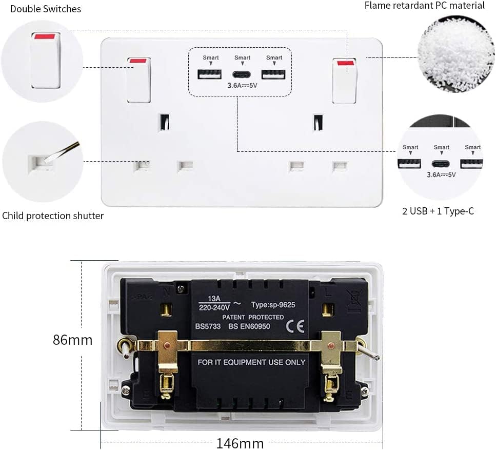 Wall Socket Double Switched with 2USB and 1 Type C Fast Charging,13 Amp 2 Gang White Electric Socket