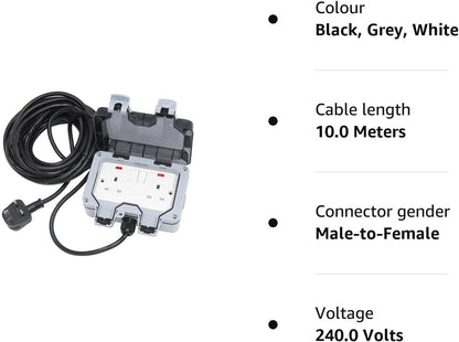 Waterproof IP66 10M 2Gang Extension Lead, Garden, Individually Switch