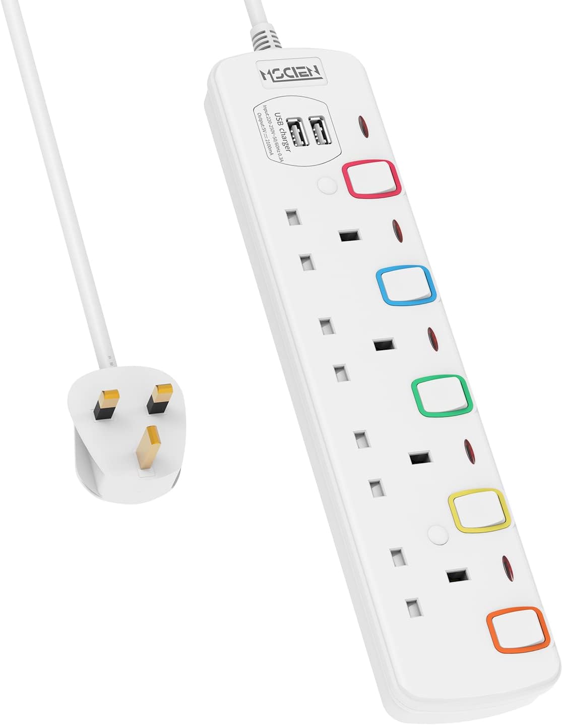 4M 4Gang Extension Lead with 2 USB-A Slots, with Individual Switches, Mountable Power strip