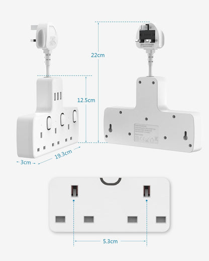 محول قابس 5 سم 3Gang مع 3 منافذ USB-A ومفاتيح فردية 