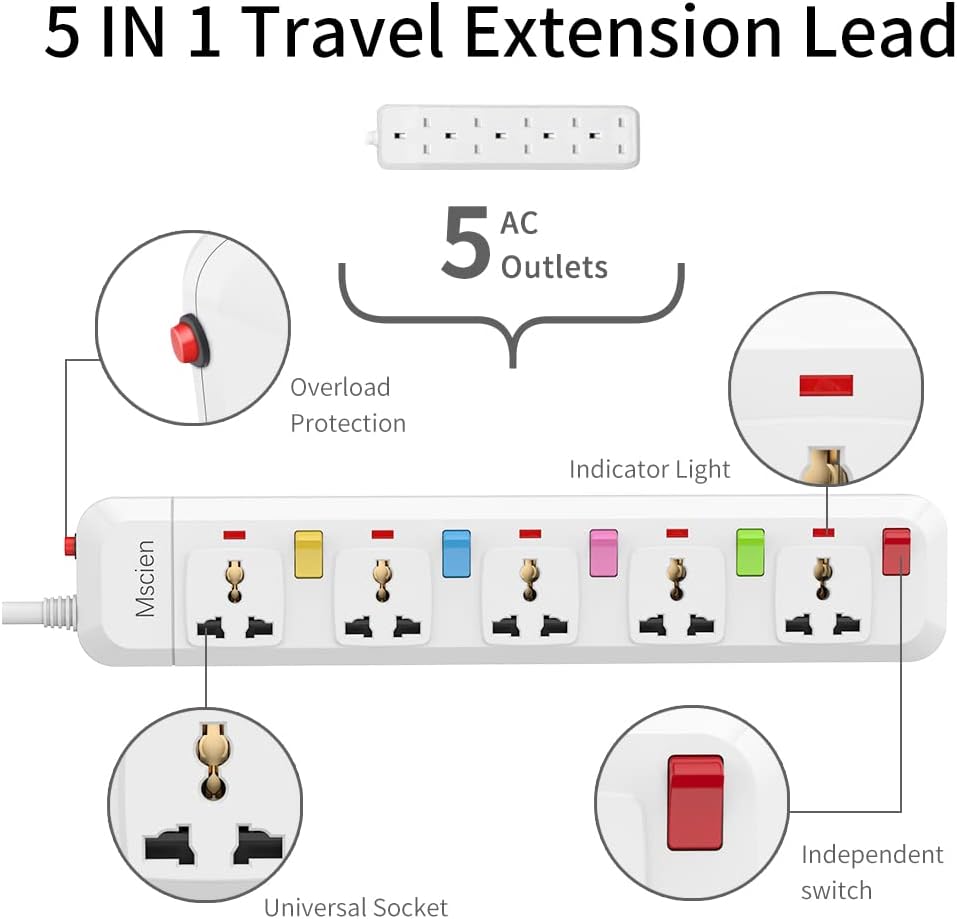 UK to USA Travel 1.8M 5Gang Extension lead with Individually Switched, Overload Protector