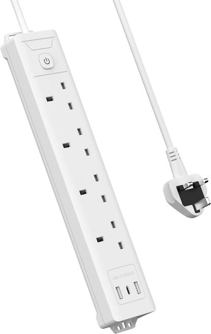 5M 4Gang Extension Lead with 3 USB Slots (1 USB C), Wall Mount