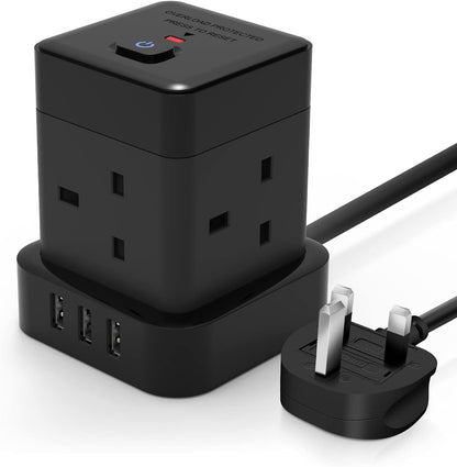 5M 4Gang Cube Extension Lead with 3 USB-A Ports, Overload Protect