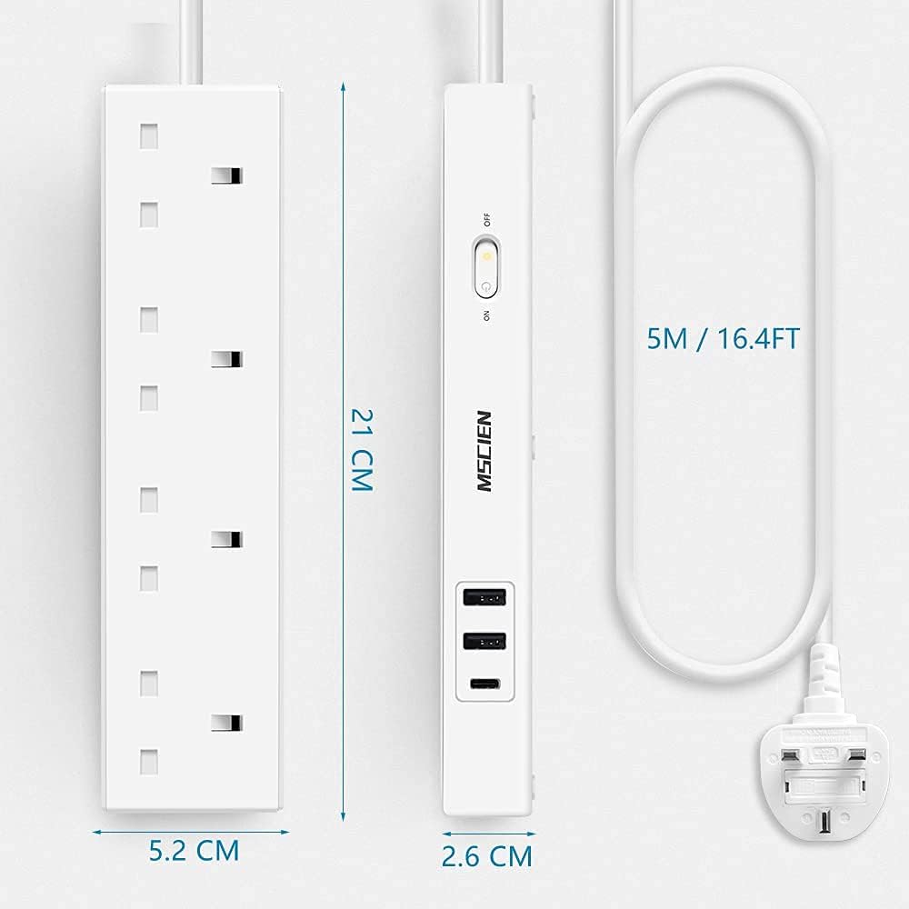 5M 4Gang Extension Lead with USB Slots (1 USB-C and 2 USB A) Ports, Overload Protection