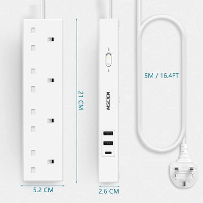 5M 4Gang Extension Lead with USB Slots (1 USB-C and 2 USB A) Ports, Overload Protection