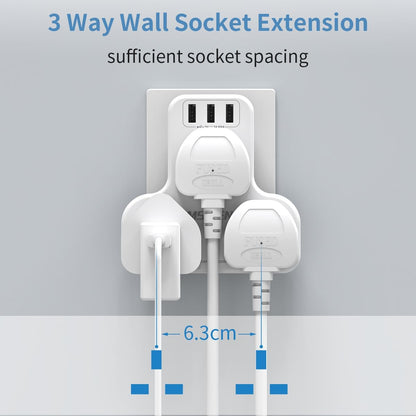 3Gang Plug Adaptor with 3 USB-A, Surge Protection