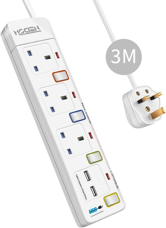 3M 3Gang Extension Lead with 2 USB-A Slots, with Individual Switches, Mountable