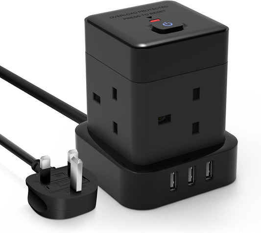 4M 4Gang Cube Extension Lead with 3 USB-A Slots, with Switch, Black, Overload Potection