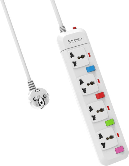 UK to EU Travel 1.8M 4 Gang Extension Lead with 4 Individually Switches, Overload Protector