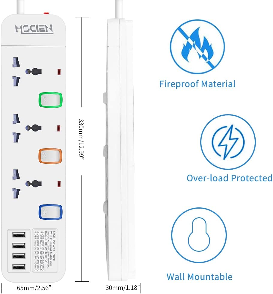 1.8M 3Gang Extension lead with 4 USB-A Slots, Individually Switched Overload Protector