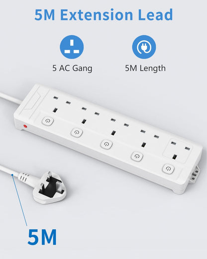 5M 5Gang Extension Lead with Individually Switched, with Wall Mounted, Overload Protect