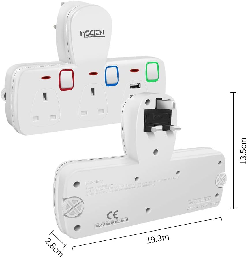 2Gang Plug Adaptor with 2 USB-A, Individually Switched