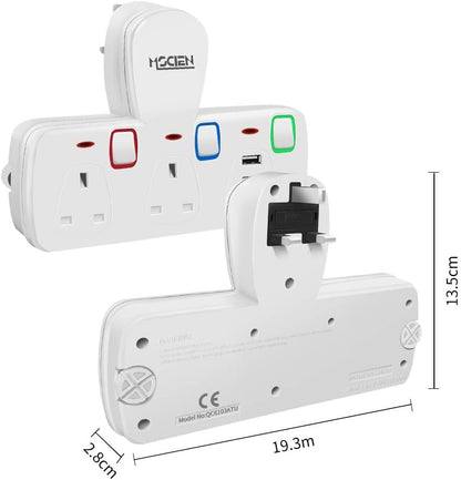 2Gang Plug Adaptor with 2 USB-A, Individually Switched