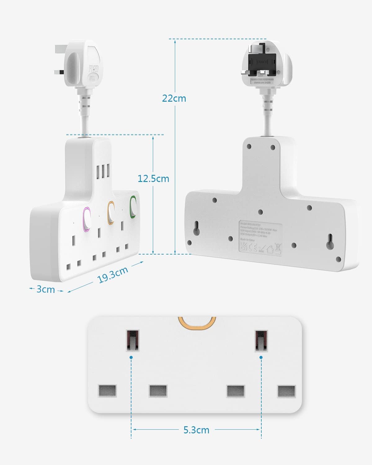 5CM 3Gang Extension Lead with 3 USB-A, with Individual Switched