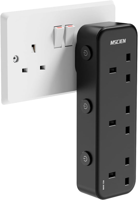 Mscien Plug Adapter, 3 Way Plug Extension Socket with Individually Switched, Multi Plug Adaptor Black Outlet Extender, Wall Socket Extension