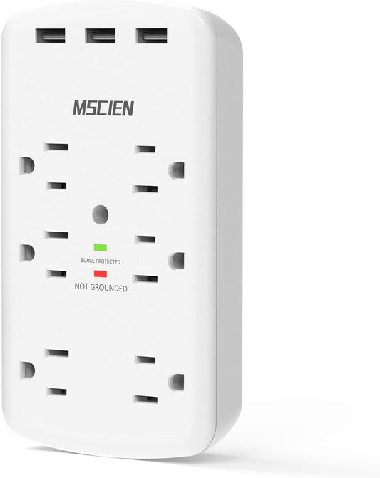 壁コンセントエクステンダーサージプロテクター、Mscien 6 ACマルチプラグコンセント壁アダプター、3つのUSB（合計3.4A）、壁取り付け型電源タップコンセントスプリッター、自宅、寮、オフィス、旅行用、1800ジュール、ETL認定