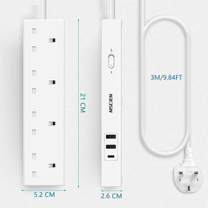 3M 4Gang Extension Lead With 1 USB-C And 2 USB-A Ports, Overload Protection