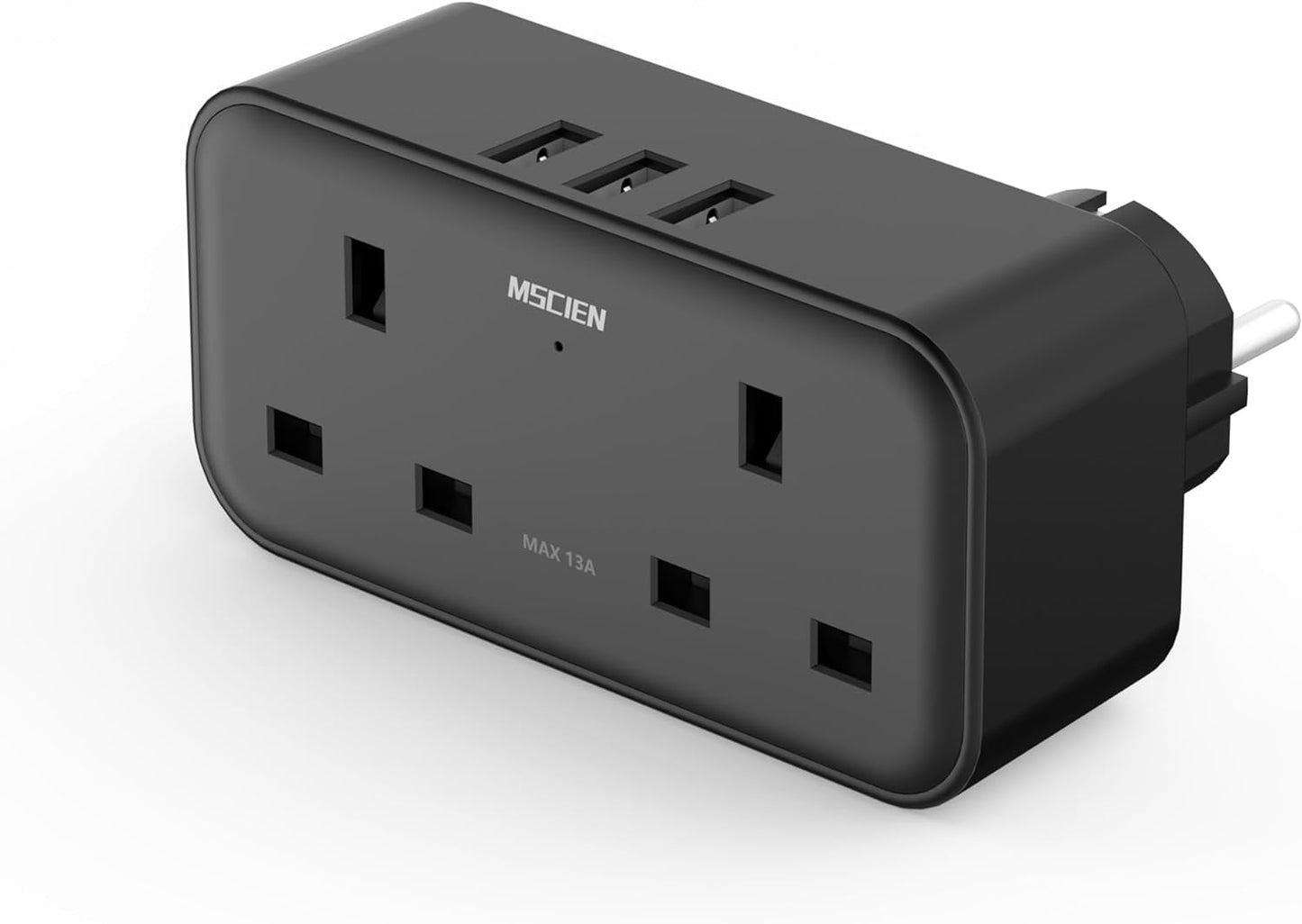 UK to European 2Gang Travel Plug Adapter with 3 USB-A, Black, Type E/F, Charger for Germany France Spain Turkey Greece