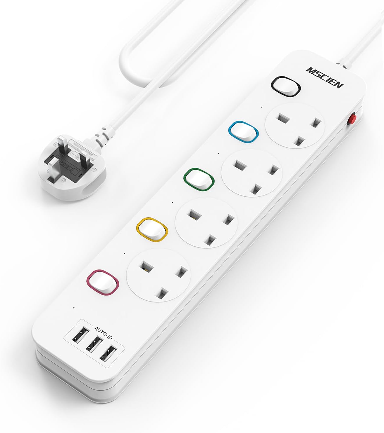 1.8M 4Gang Extension Lead with 3 USB-A Slots, with Individual Switches, Mountable, Overload Ptotection