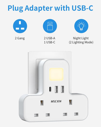 2Gang Plug Adaptor with USB (1USB-C, 2 USB-A), with Night Light, Overload Protect