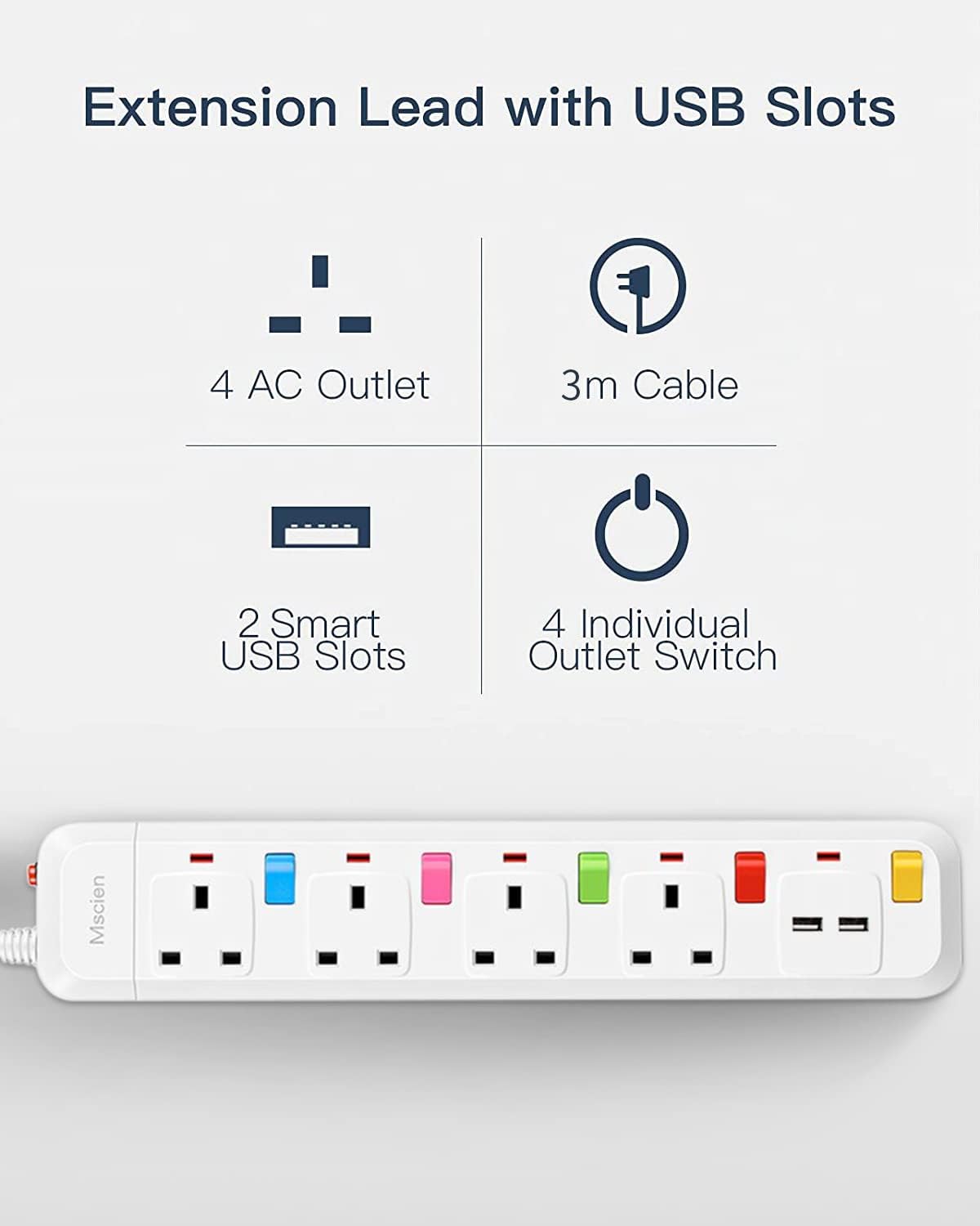 3M 4Gang Extension Lead with USB Slots (2 USB-A), with Individually Switched