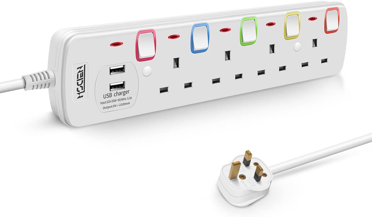 2M 4Gang Extension Lead with 2 USB-A, individually Switched with Indicator