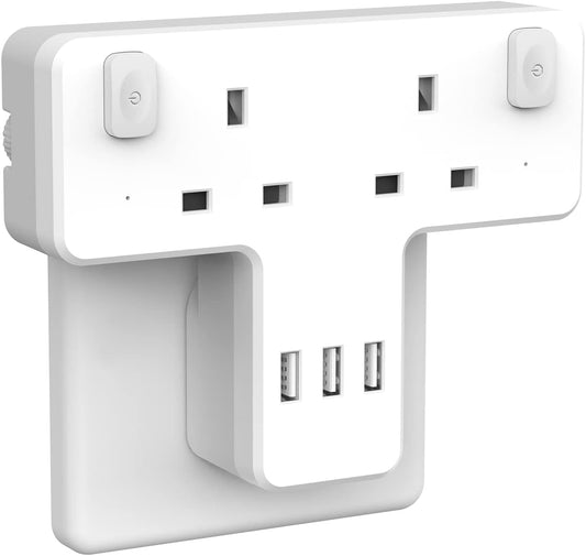 2Gang Plug Adaptor with 3 USB-A Slots, with Individual Switch