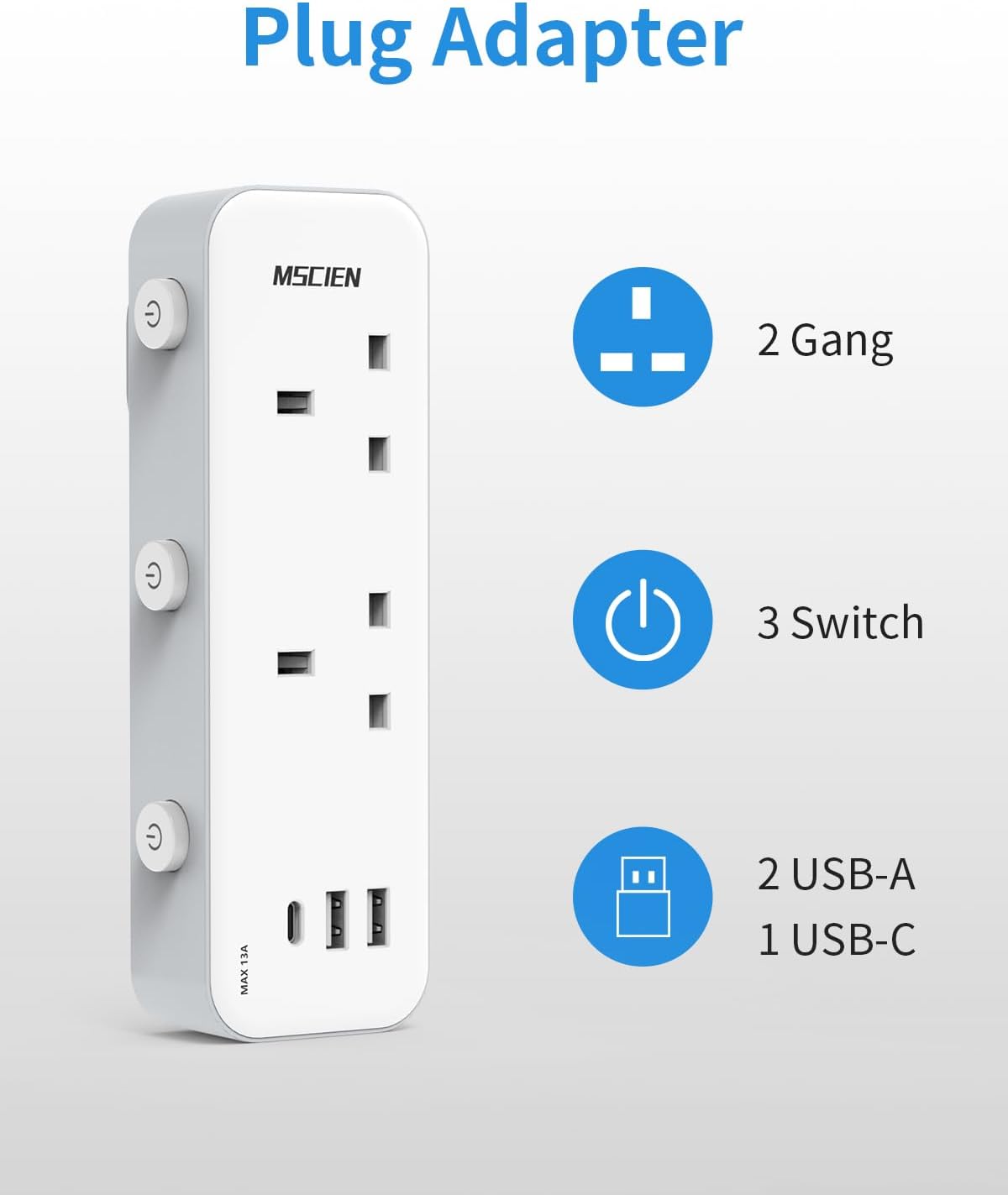 2Gang Plug Adaptor with USB (1 USB-C, 2 USB-A), with Individually Switched (Blue Indicator)