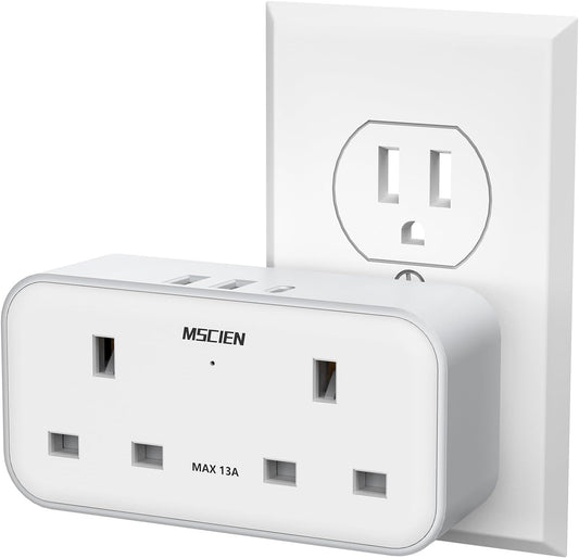 UK to US Plug Adaptor, Mscien Grounded USA Travel Adapter with 3 USB (1 USB C), Double Plug Adaptor with Dual 2 Pin Socket from UK to American, Canada, Thailand, Mexico, Jamaica, Philippines (Type B)