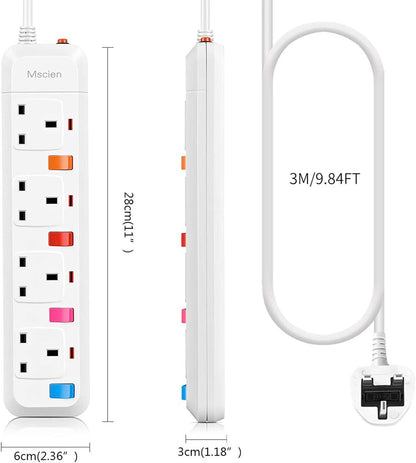 3M 4Gang Extension Lead With Individually Switch, Wall Mount