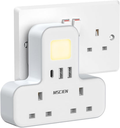 2Gang Plug Adaptor with USB (1USB-C, 2 USB-A), with Night Light, Overload Protect