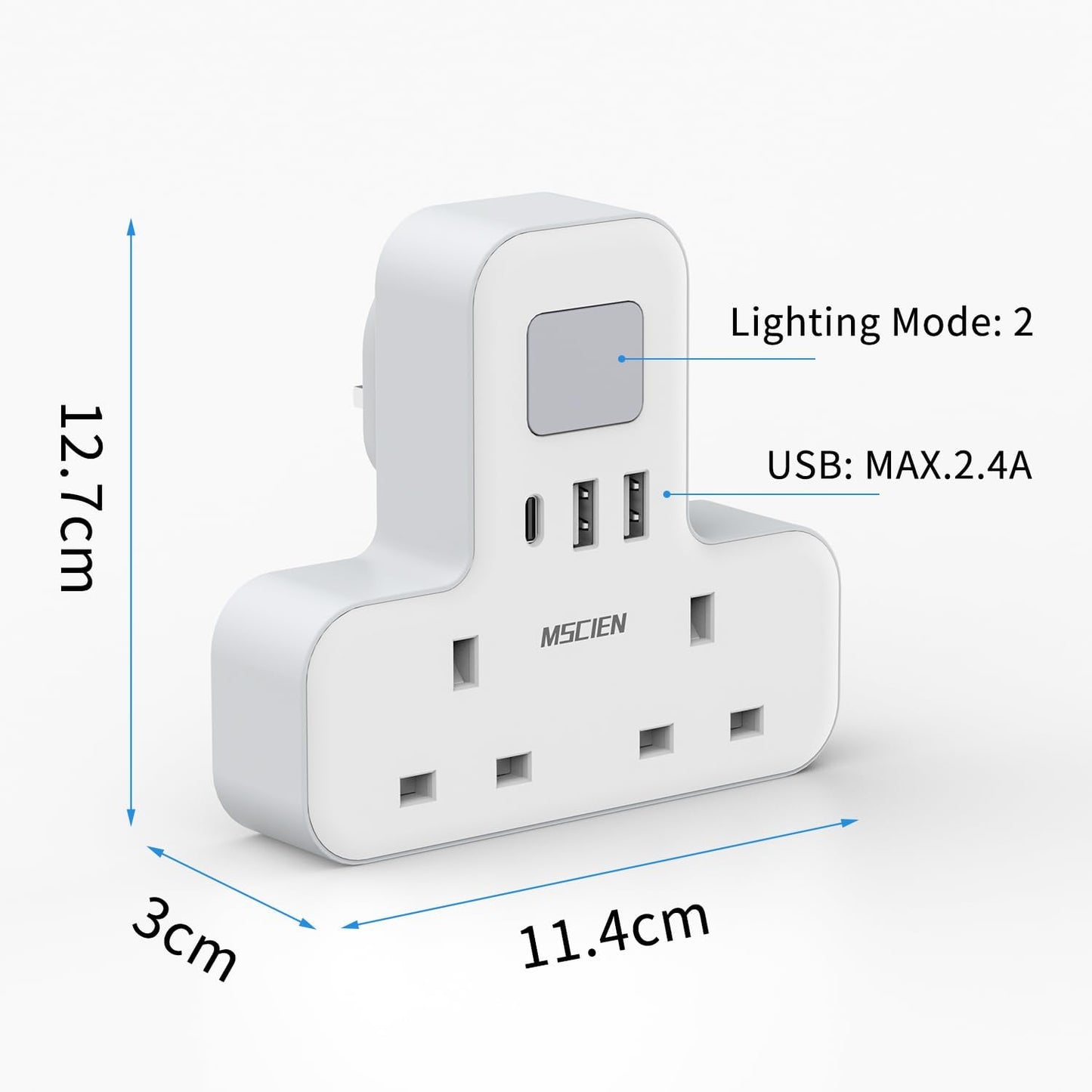 2Gang Plug Adaptor with USB (1USB-C, 2 USB-A), with Night Light, Overload Protect