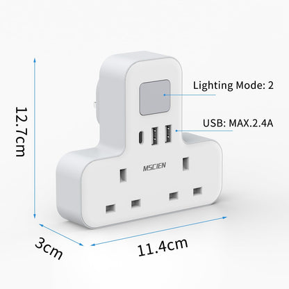 2Gang Plug Adaptor with USB (1USB-C, 2 USB-A), with Night Light, Overload Protect