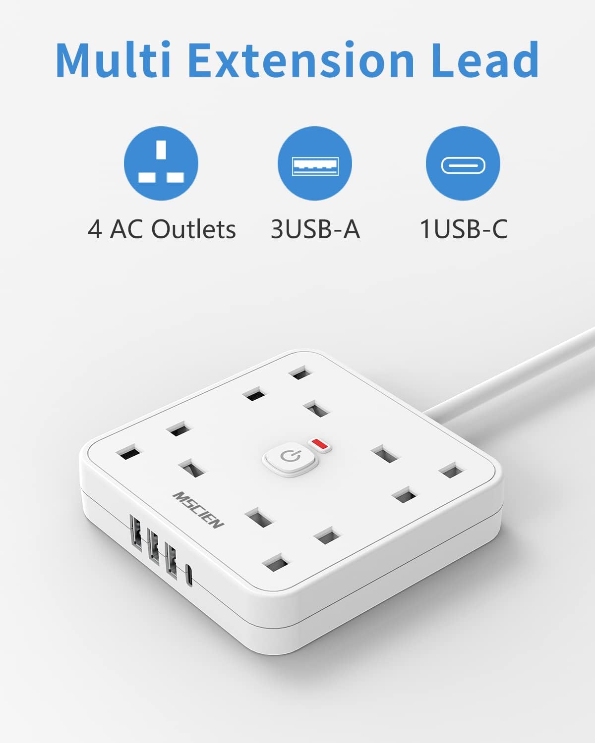 3M 4Gang Extension Lead with 1 Type-C and 3 USB-A USB Slots, with LED Indicator Switch, Wall Mounted