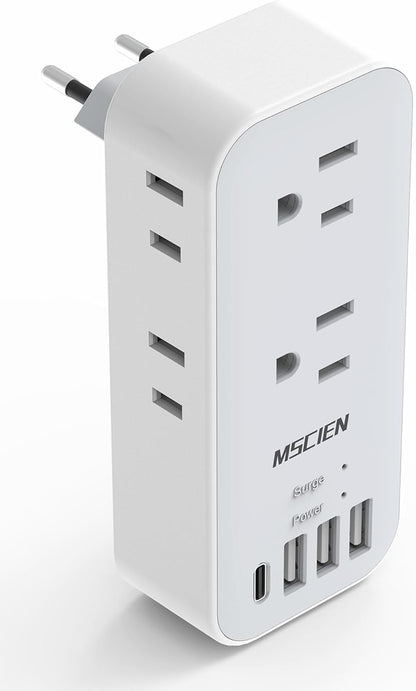 US to Europe Travel Plug Adapter, 6Outlets Plug Adapter with 4 USB(3 USB-A,1 USB-C),USA to EU Spain Iceland Italy France Greece Germany