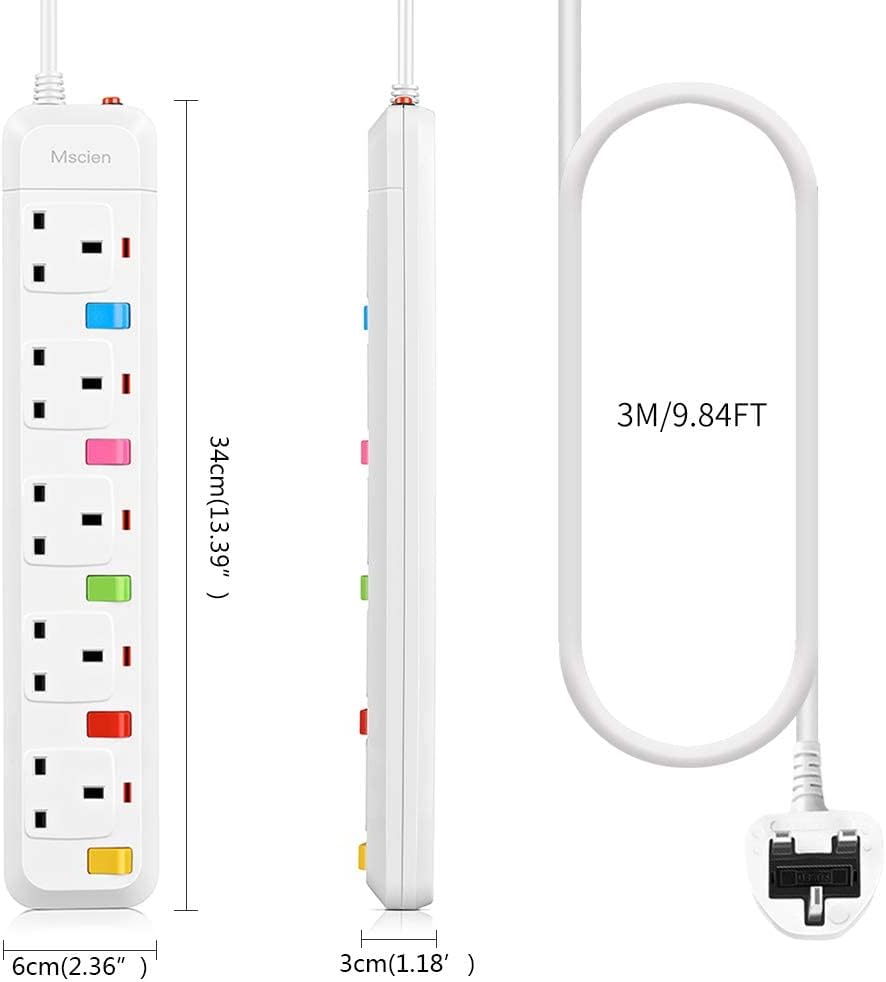 3M 5Gang Extension Lead With Switches, Surge Protected, Wall Mount