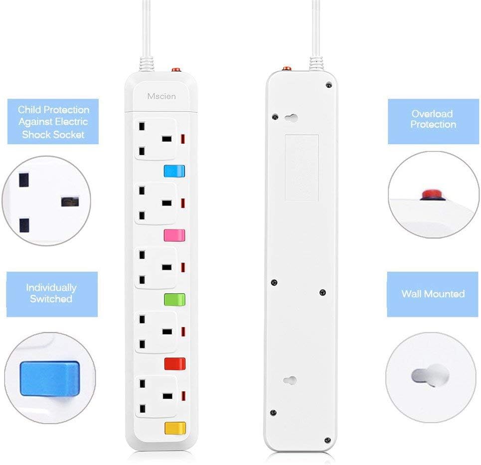 3M 5Gang Extension Lead With Switches, Surge Protected, Wall Mount