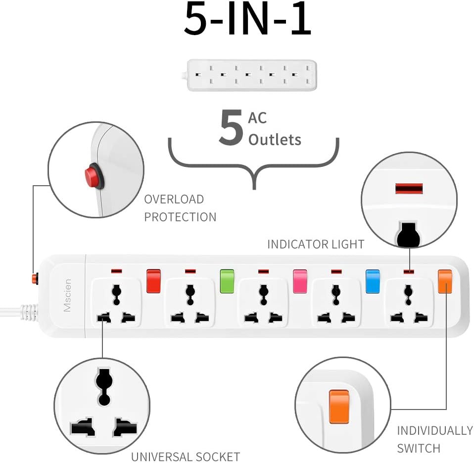 UK To EU Travel 1.8M 5Gang Extension Lead, Individual Switched